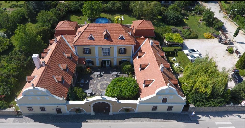 an aerial view of a large house with at Gombás Kúria Mansion Boutique B&B in Balatonfüred
