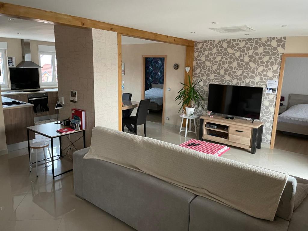 uma sala de estar com um sofá, uma televisão e uma cozinha em Appartements centre ville Colmar 4 familles em Colmar