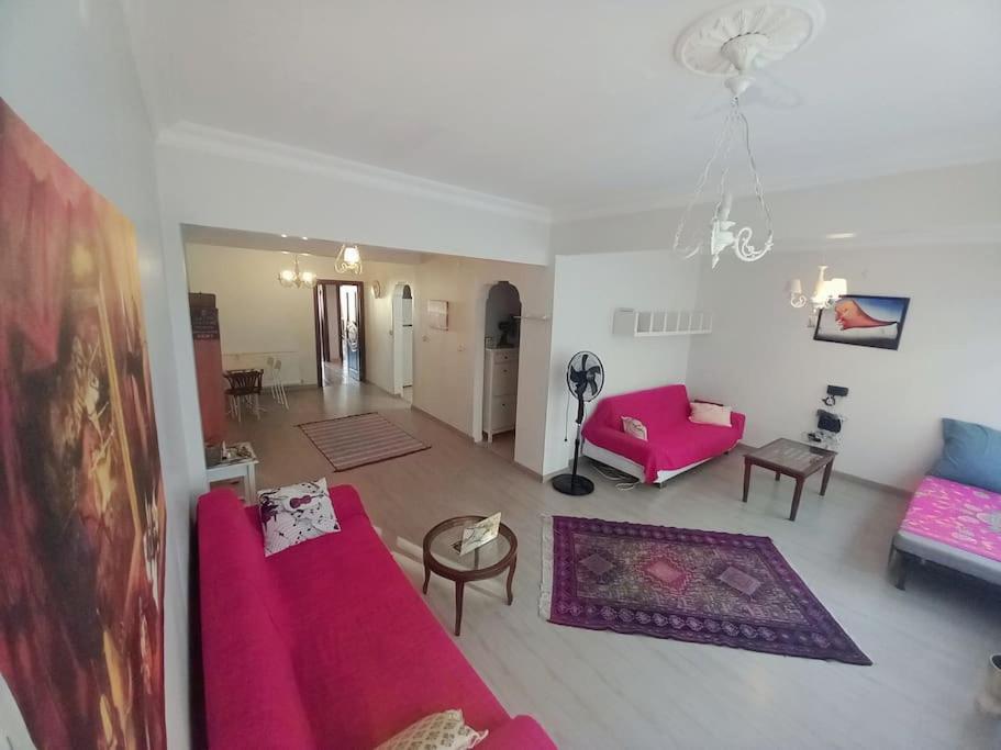 uma sala de estar com mobiliário rosa e um sofá rosa em Lovely 3-bedroom condo with a great street! em Istambul