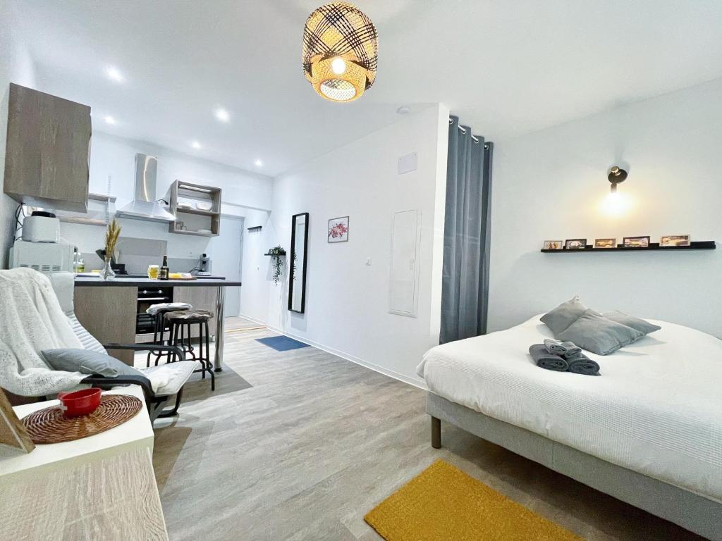 ein Schlafzimmer mit einem Bett und ein Wohnzimmer in der Unterkunft LE PARADIS FISCAL, 5min Bâle, parking privé in Saint-Louis