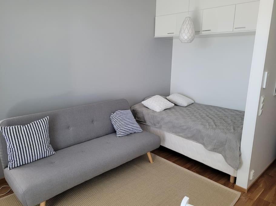 ein Wohnzimmer mit einem Sofa und einem Bett in der Unterkunft Professori in Joensuu