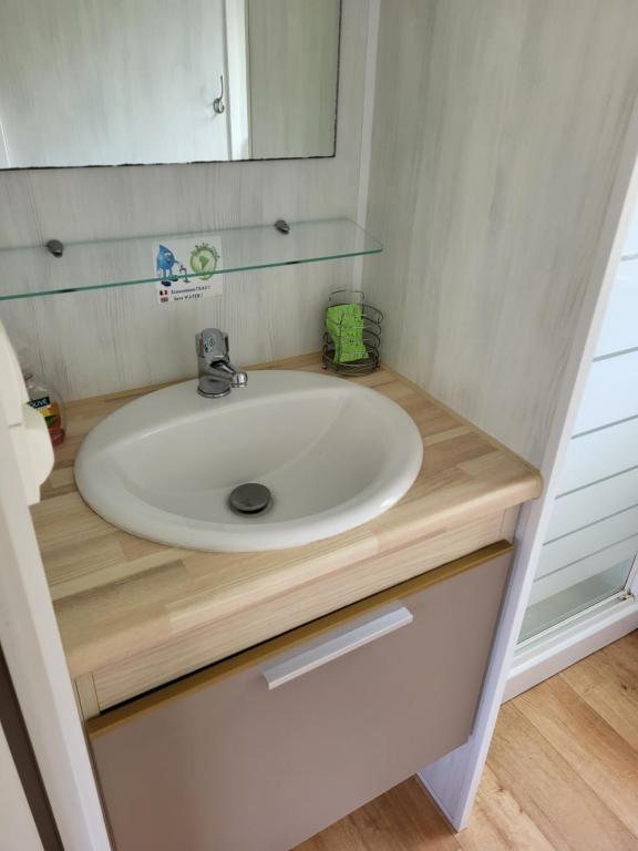 y baño con lavabo y espejo. en Camping Ixtila mobilhome, en Larrau