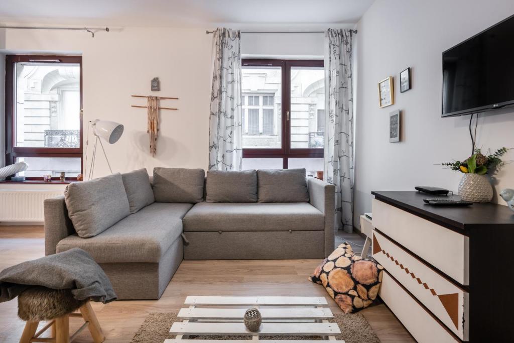 ein Wohnzimmer mit einem Sofa und einem TV in der Unterkunft King Care Apartment with A/C in Budapest