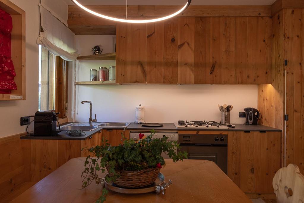 een keuken met houten kasten en een tafel met een plant bij Casa Betulla in Cortina dʼAmpezzo