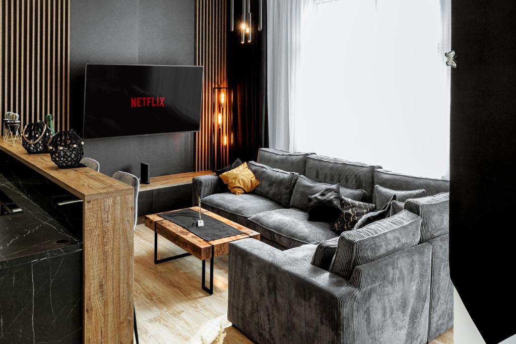 uma sala de estar com um sofá e uma televisão em Ratusz Exclusive Apartment- Apartament przy Ratuszu em Glogów