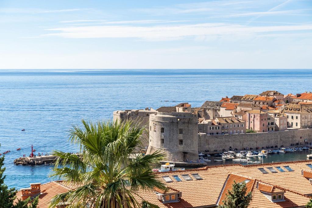 an aerial view of a city and the ocean at Apartment Ingrid in Dubrovnik