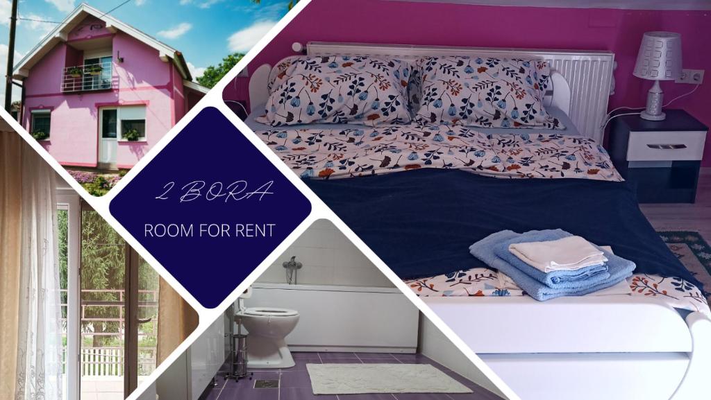 Zimmer mit einem Bett und einem rosa Haus in der Unterkunft Sobe "2 BORA" in Tenja