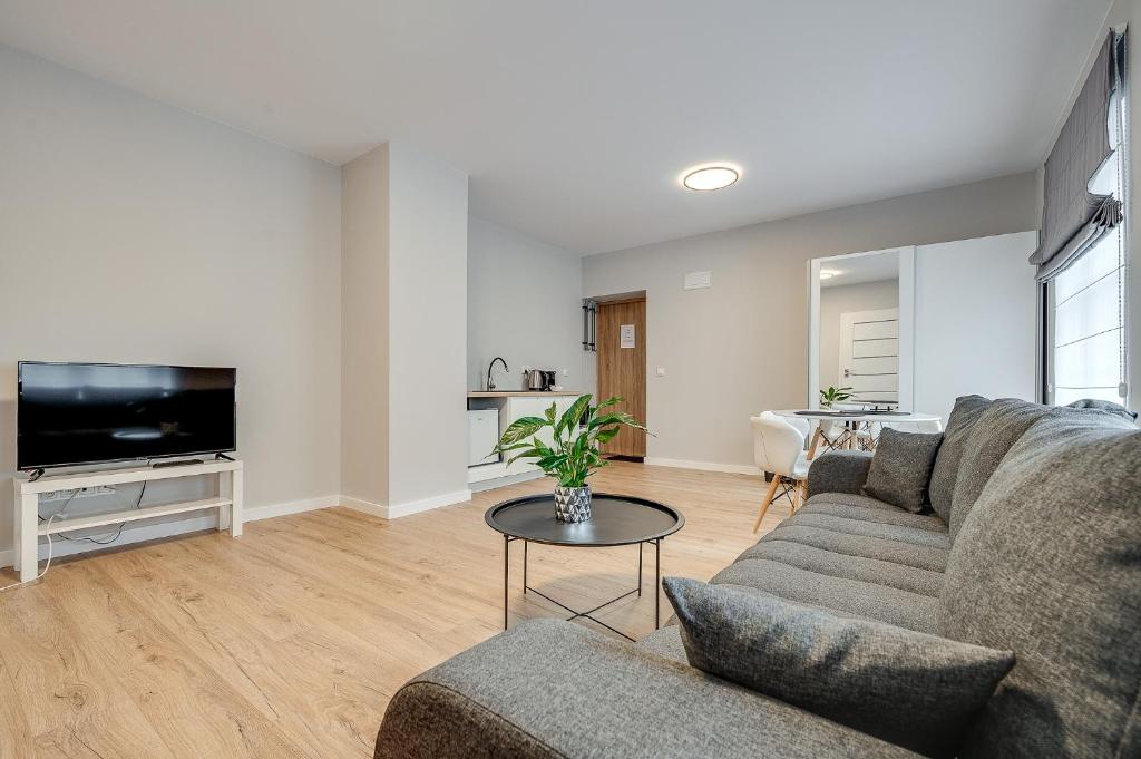salon z kanapą i stołem w obiekcie Central Platinum Apartments 21 w Rybniku