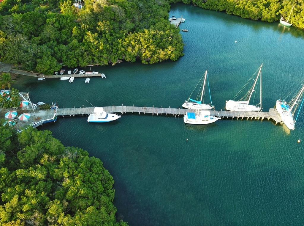 an aerial view of boats docked at a dock at Puerto Blanco Marina & Hotel in Puerto de Luperon