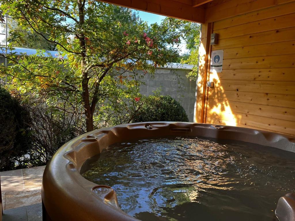 een hot tub in de achtertuin met een fontein bij Farm with indoor pool and bubble bath in Houyet
