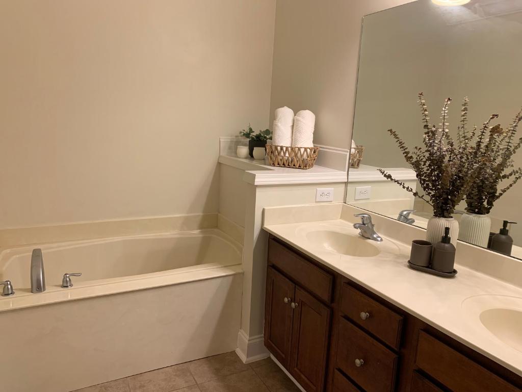a bathroom with a tub and a sink and a mirror at Lovely Townhouse! in Auburn