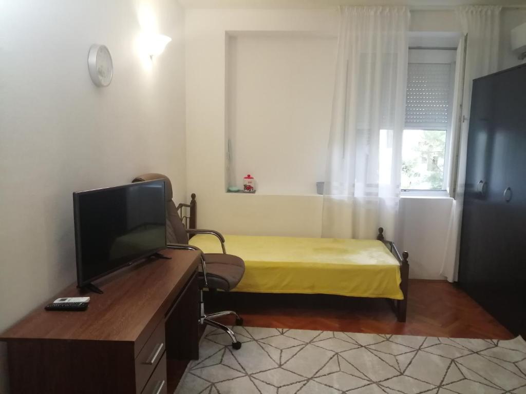 a bedroom with a bed and a tv and a window at Apartment Marsala Tita in Bar