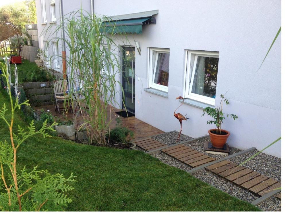 einen Hinterhof mit einem Haus und einem Garten mit Gras in der Unterkunft Apartment Renate Strohhöfer in Hirschaid