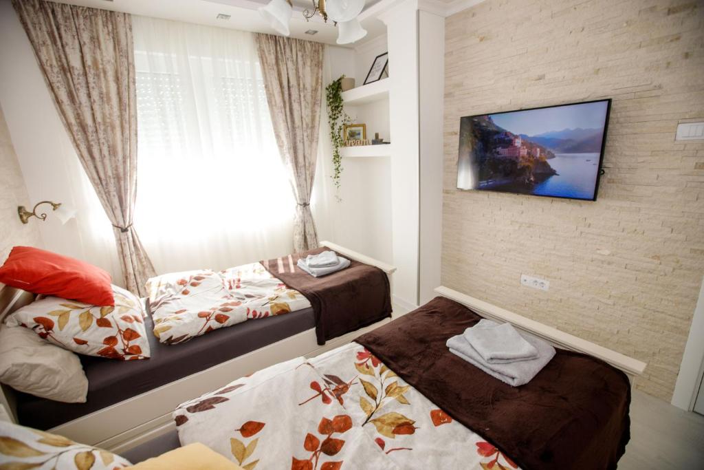 1 dormitorio con 2 camas y TV en la pared en Apartman MDB RETRO en Subotica