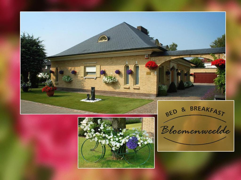 two pictures of a house with flowers in the yard at B&B Bloemenweelde in Kortrijk