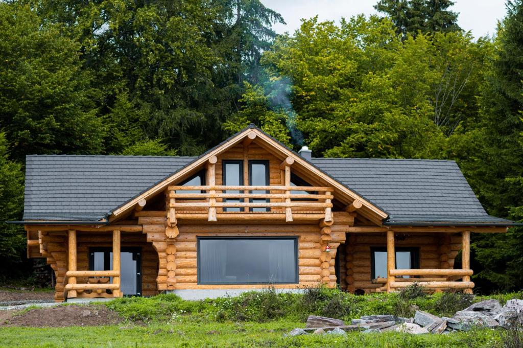 a log cabin with a black roof at Harghita Log Houses in Izvoare