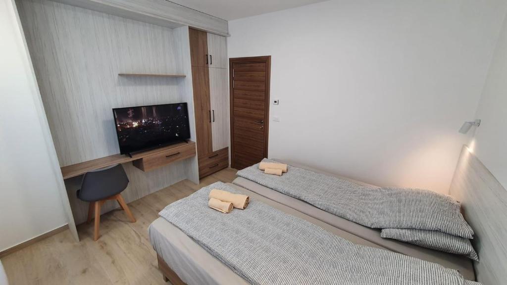 a bedroom with two beds and a flat screen tv at Vila Ivica Kjoshe in Ohrid