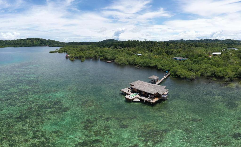 an island with a house in the middle of the water at Eco-Lodge Bocas Coral Reef - Over water villa & birds house in Botabite