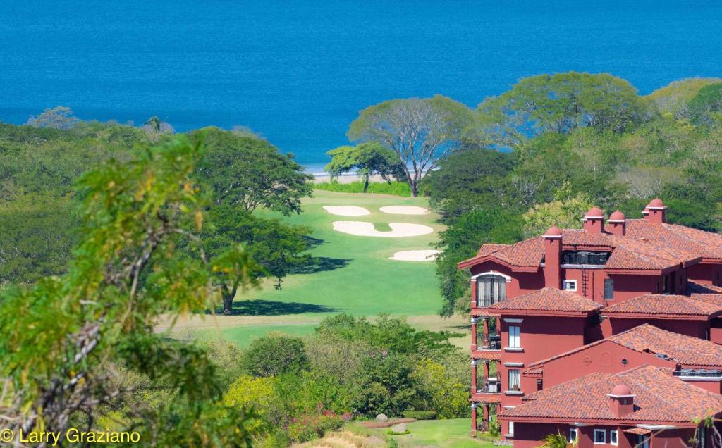 布拉斯利托的住宿－Bougainvillea 4315 PH- Luxury 3 Bedroom Ocean View Resort Condo，享有房子和高尔夫球场的空中景致