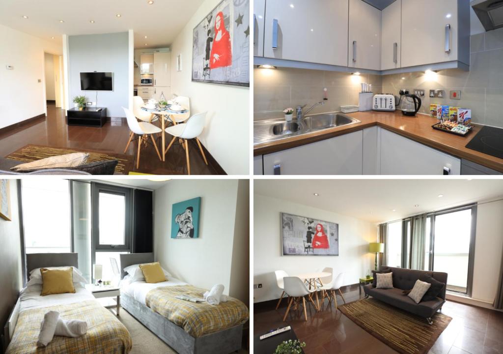 four images of a kitchen and a living room at 2 Bed Apartment in Milton Keynes Hub by Platinum Key Properties in Milton Keynes