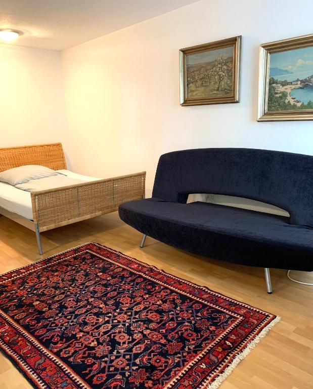 Habitación con sofá, cama y alfombra. en Ferienwohnung in Weissach im Tal, en Weissach Im Tal