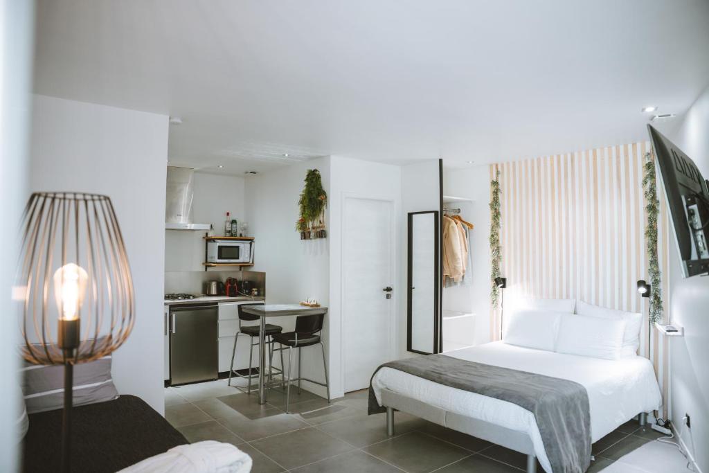 une chambre d'hôtel avec un lit et une cuisine dans l'établissement -SKY- Appartement meublé cosy & confort-Parking privé & jardin, à Laveyron