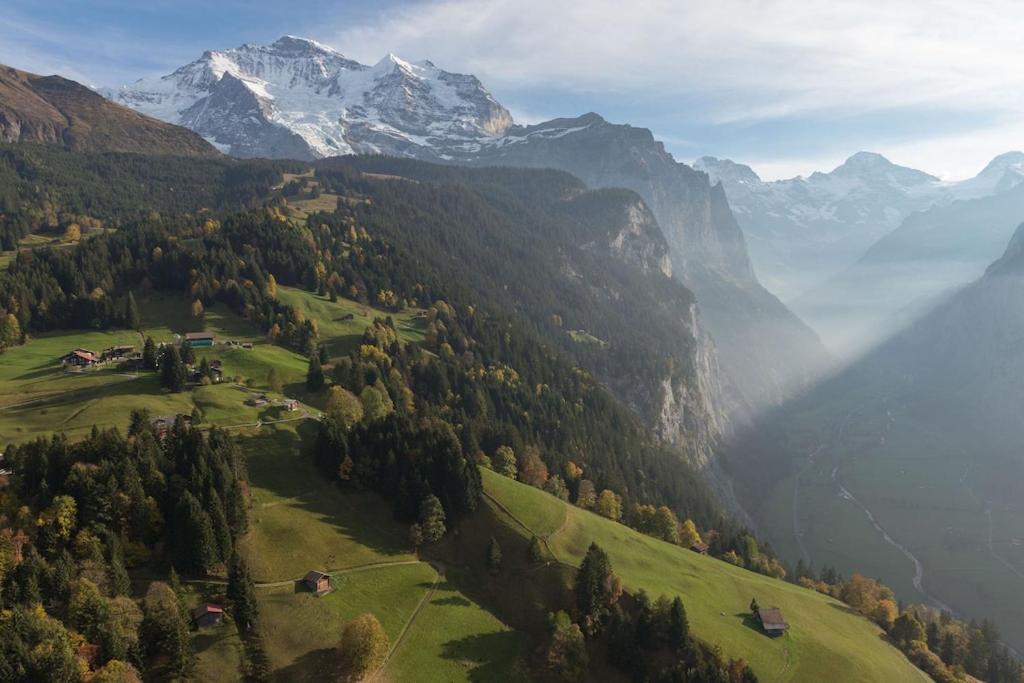 an aerial view of a valley with a mountain at Wengen Lauberhorn - Flat available in Wengen