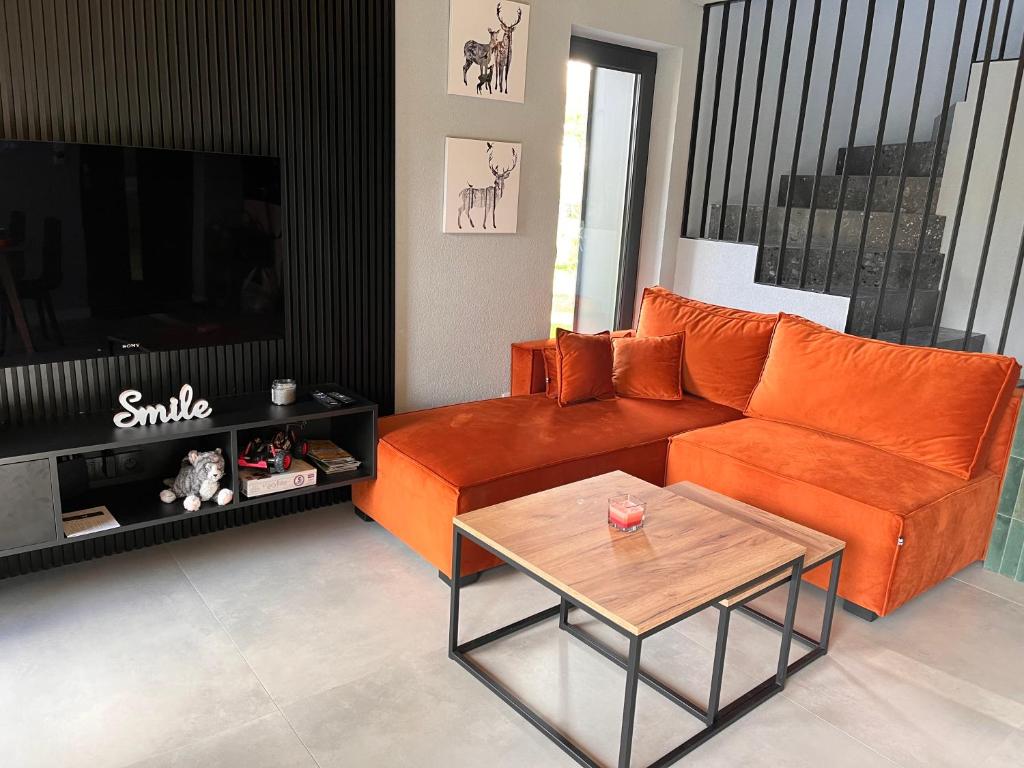 salon z pomarańczową kanapą i stołem w obiekcie Wood Lake Rożnów w mieście Rożnów