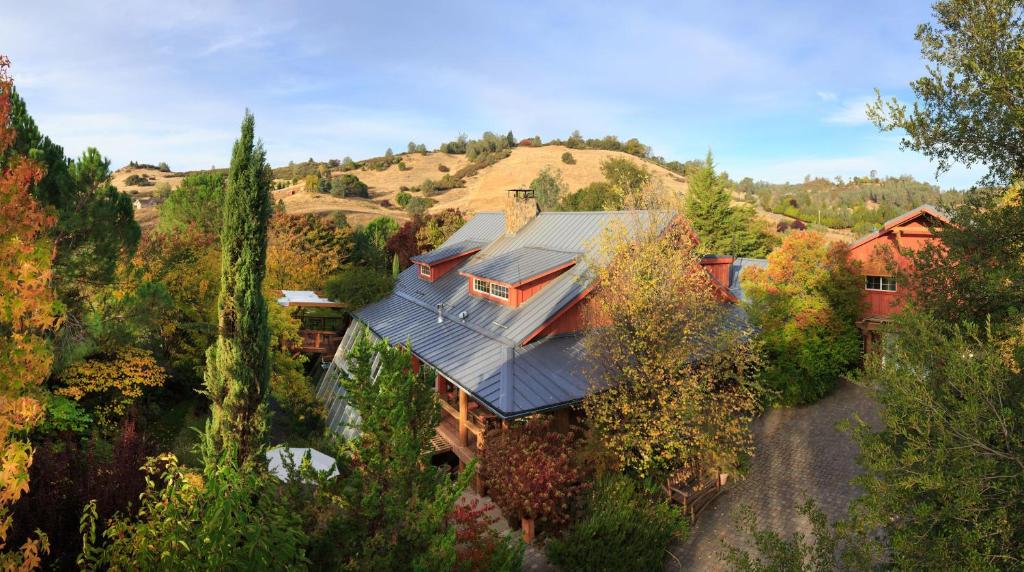 an aerial view of a house with a roof at Eden Vale Inn in Placerville