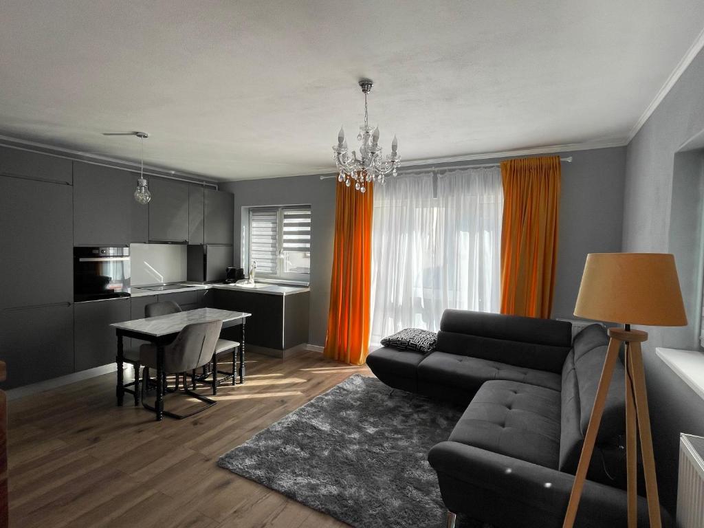 un soggiorno con divano e tavolo di Tiberiu Ricci Apartament a Sibiu