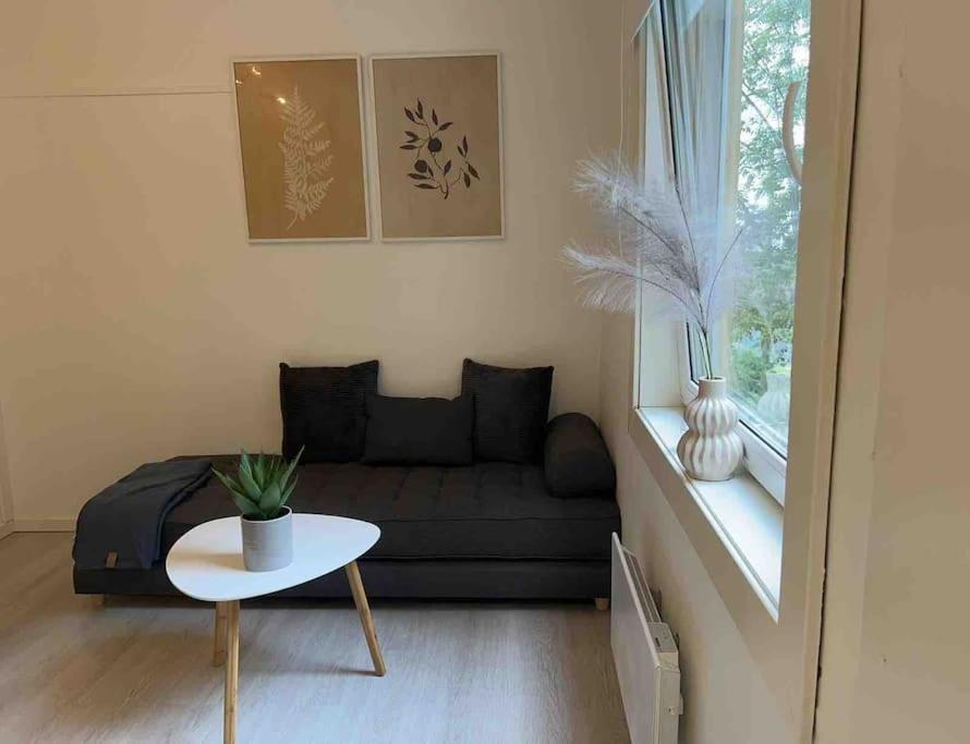 una pequeña sala de estar con sofá y mesa. en Sentral leilighet i Gamle Oslo, en Oslo