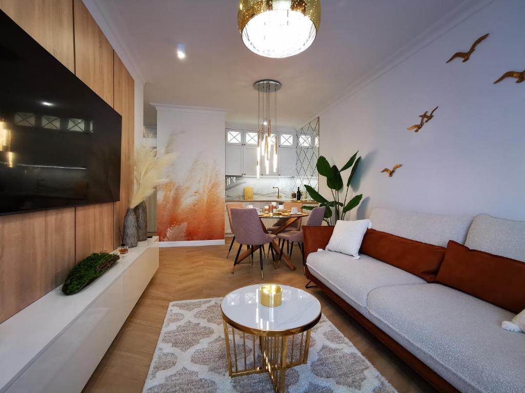 Televízia a/alebo spoločenská miestnosť v ubytovaní Gold Apartment B29 Let's Sea Baltic Park Gąski