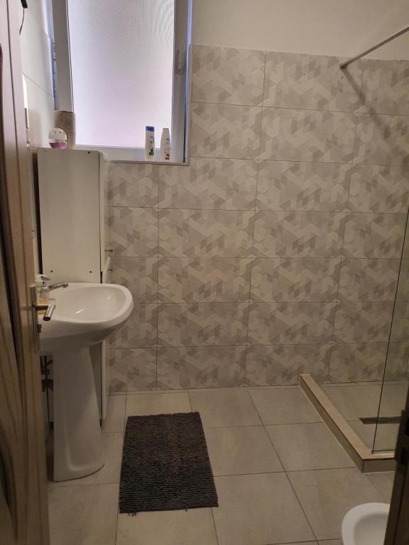 uma casa de banho com um lavatório e um chuveiro em Apartament Mara em Alba Iulia