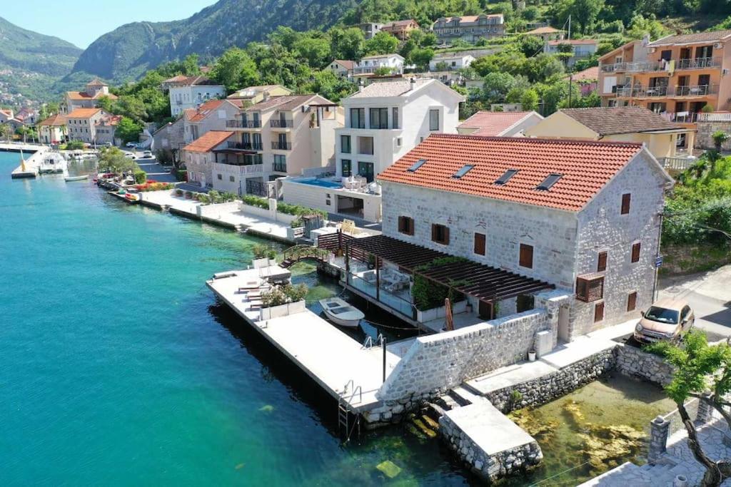 an aerial view of a town next to the water at Waterfront Villa in Muo in Kotor