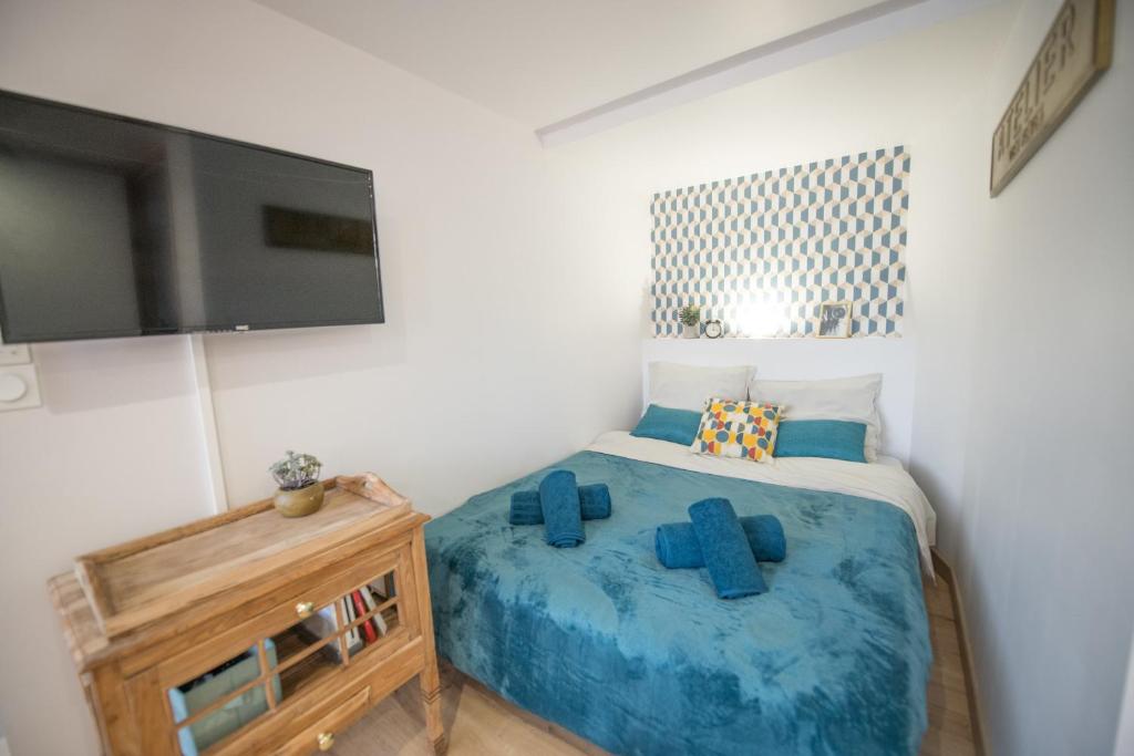 a bedroom with a bed and a flat screen tv at KASA HOME - Calme, Cosy, WIFI &amp; Netflix in Saint-Martin-la-Plaine