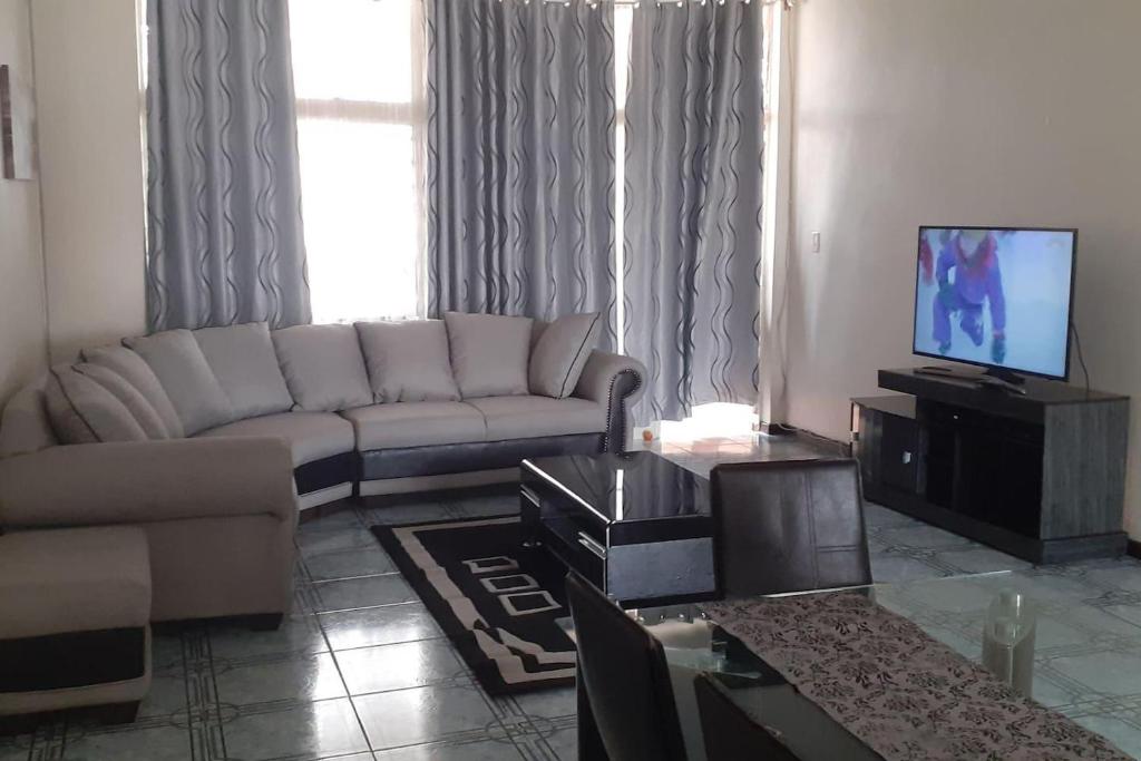 un soggiorno con divano e TV di Spacious Executive Holiday Apartment In Bulawayo a Bulawayo