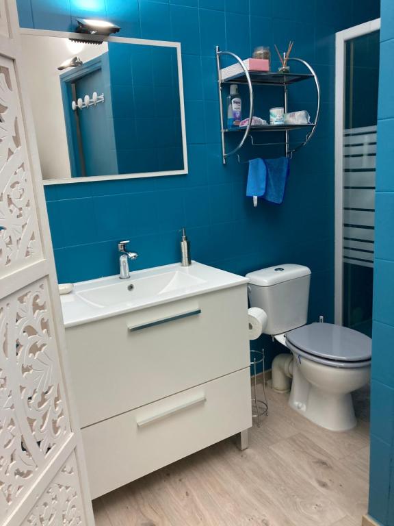 uma casa de banho azul com um lavatório e um WC em La Chambre du Patio em Le Luc