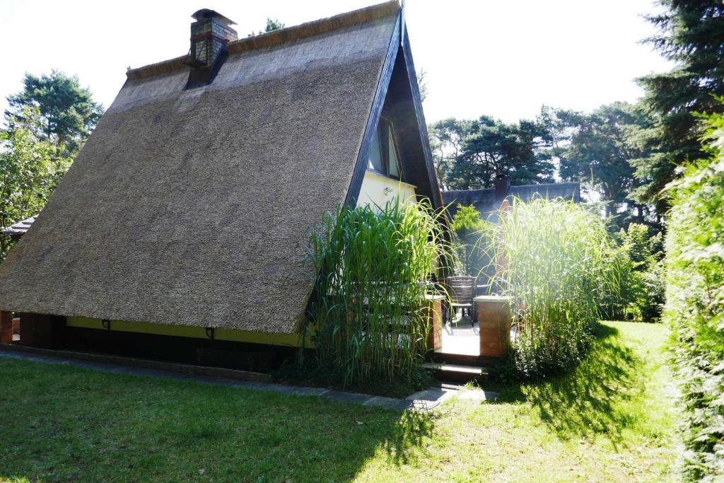 a house with a thatched roof and some grass at Reetdachhaus in Quilitz auf Usedom in Quilitz