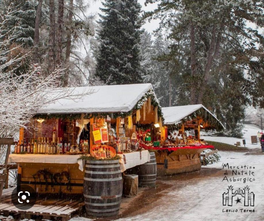 a christmas market in the snow with barrels in front at APPARTAMENTO ELISA in Levico Terme