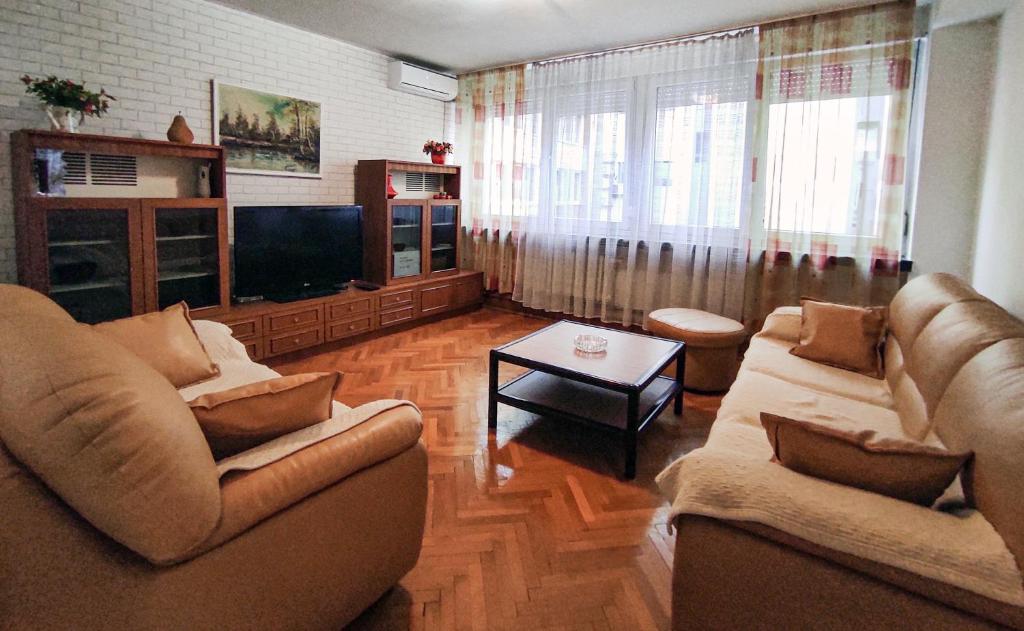 ein Wohnzimmer mit 2 Sofas und einem TV in der Unterkunft Heart of the City in Banja Luka