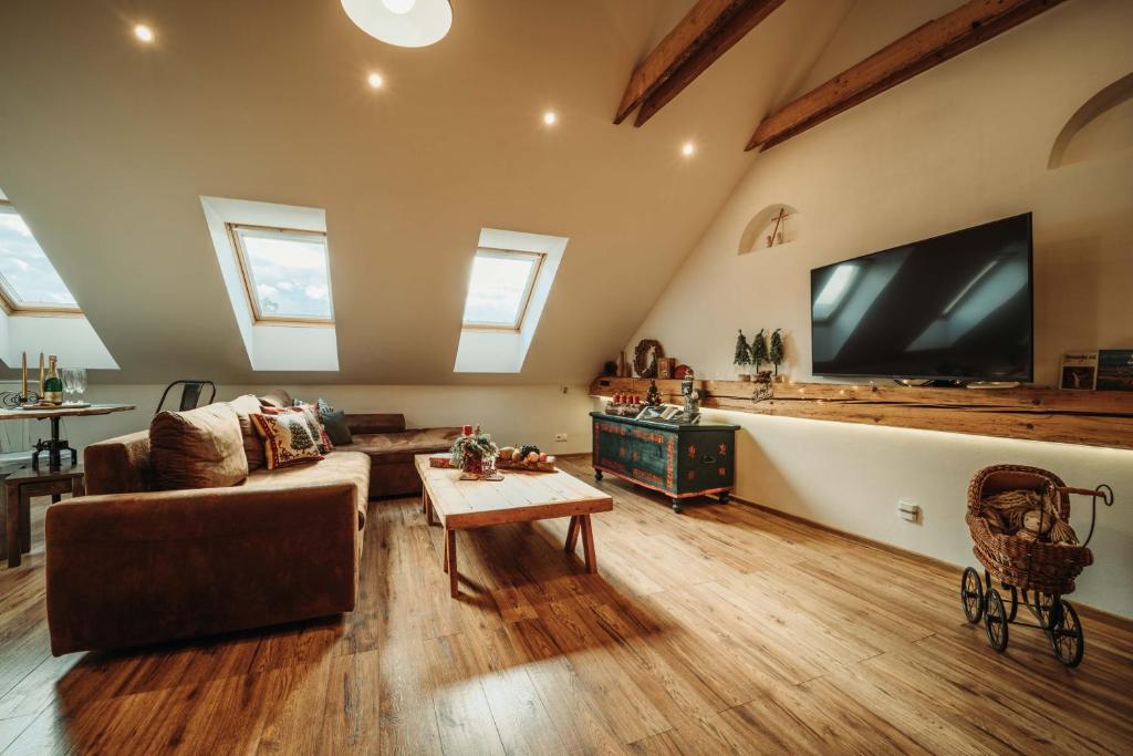 TV a/nebo společenská místnost v ubytování ČÁKYHO KÚRIA - apartmán pre 5 osôb s krbom a saunami