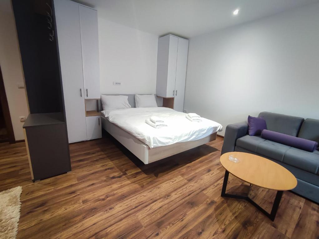 a living room with a bed and a couch at Aparmani Sorak Kopaonik, Studio Apartman A5 in Kopaonik
