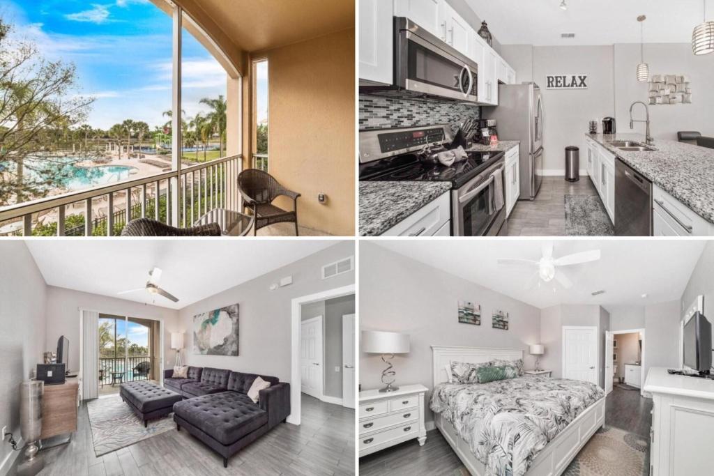 een collage van foto's van een keuken en woonkamer van een huis bij Windsor Hills Resort 3 Bedroom Condo 5 Minutes to Disney in Orlando