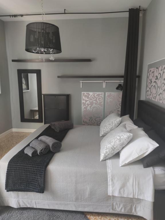 a bedroom with a bed with pillows and a mirror at Spazio d'arte 372- Three rooms -near the center and train station in Modena