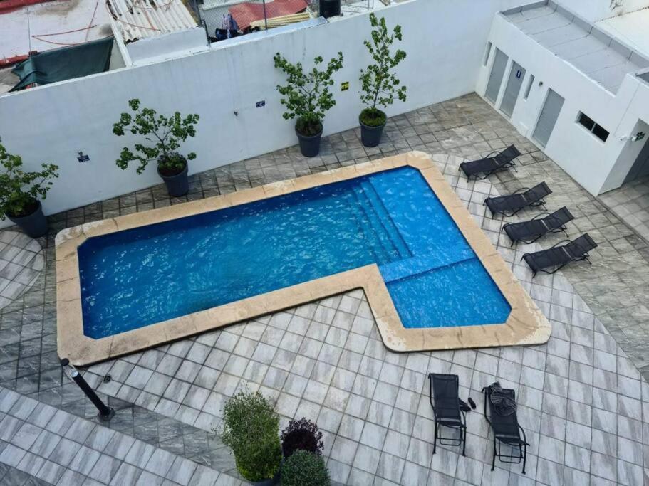 uma vista superior de uma piscina com cadeiras e plantas em Departamento en el corazón de Guadalajara em Guadalajara
