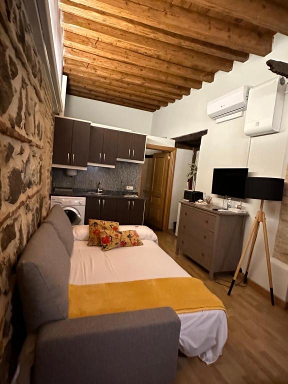 een slaapkamer met een bed en een bank in een kamer bij Apart. San Pedro II - junto a catedral in Toledo