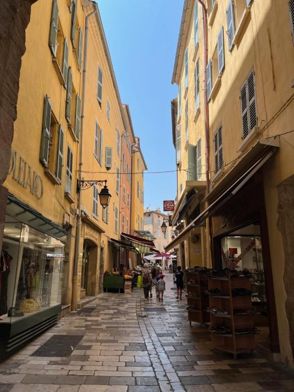 alejka z ludźmi idącymi ulicą z budynkami w obiekcie Studio Hyères -Rue piétonne Climatisation lit 160 tout équipé - Sabrina w Hyères