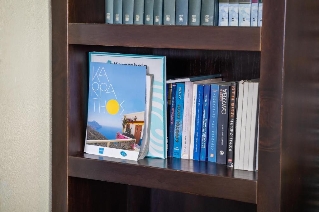 a book shelf with some books on it at Oceanviewvilla in Karpathos