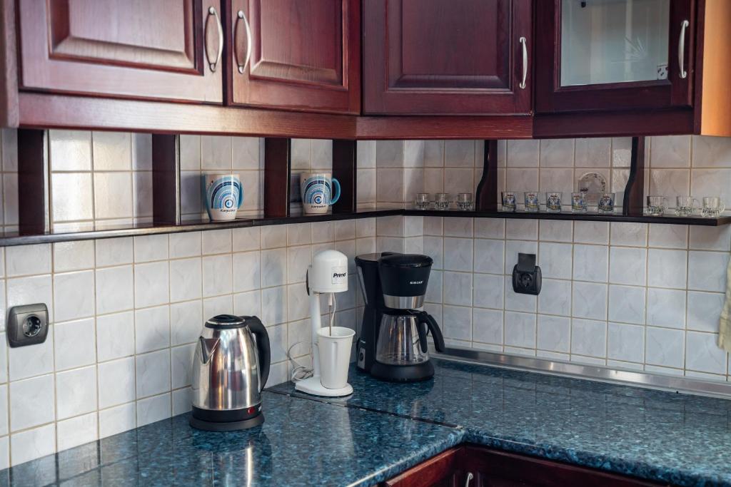 a kitchen counter with a coffee maker on a counter top at Oceanviewvilla in Karpathos