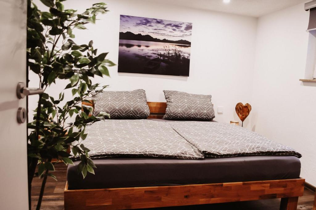 a bed in a room with a plant at Ferienwohnung am Gruberbach in Lechbruck